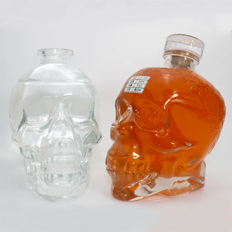 750 ml SKULL shape SNAKE shape super flint whisky vodka wine glass bottle t type wooden top whisky liquor bottle cap