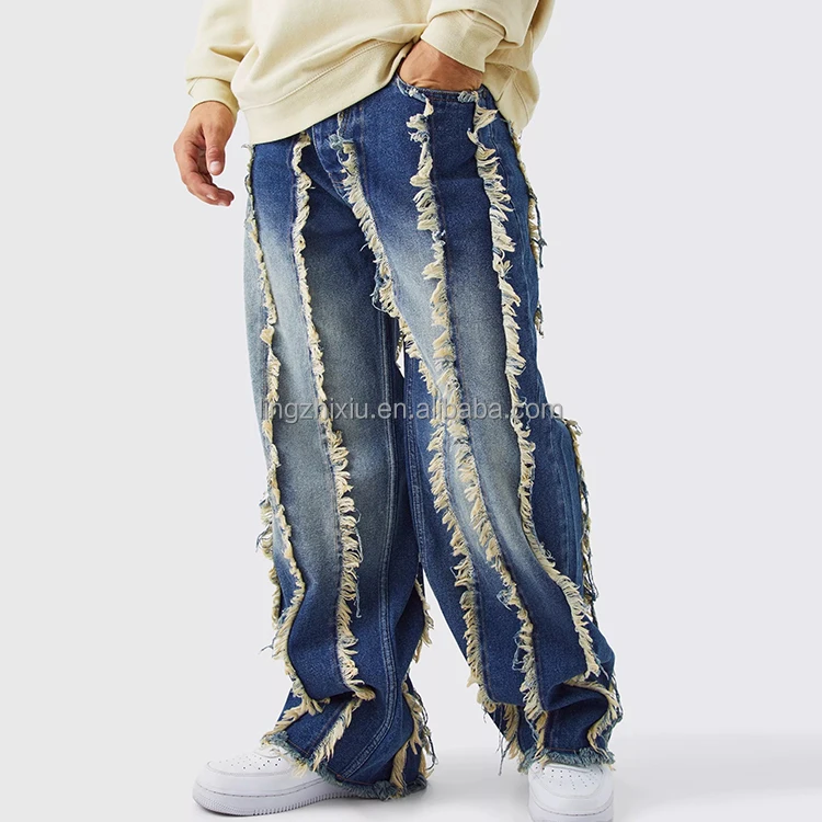 New Arrival Street Style Casual Plain Loose Oversized Antique Wash Cotton Denim Jeans Baggy Frayed Edge Jeans