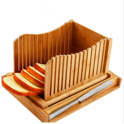 Collapsible 3-piece thickness manual bamboo bread slicer Guide with long knife and breadcrumb tray for homemade bread, cakes