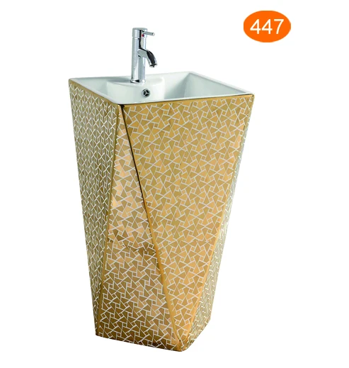 China Luxury bathroom sink golden full set one piece pedestal basin