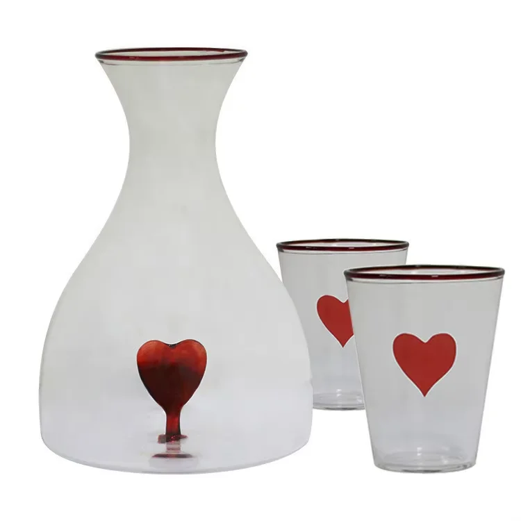 Luxury Unique Gift Box Hand Blown Water Bottle Set Custom Red Heart High Borosilicate Glass Vodka Liquor Wine Whiskey Decanter