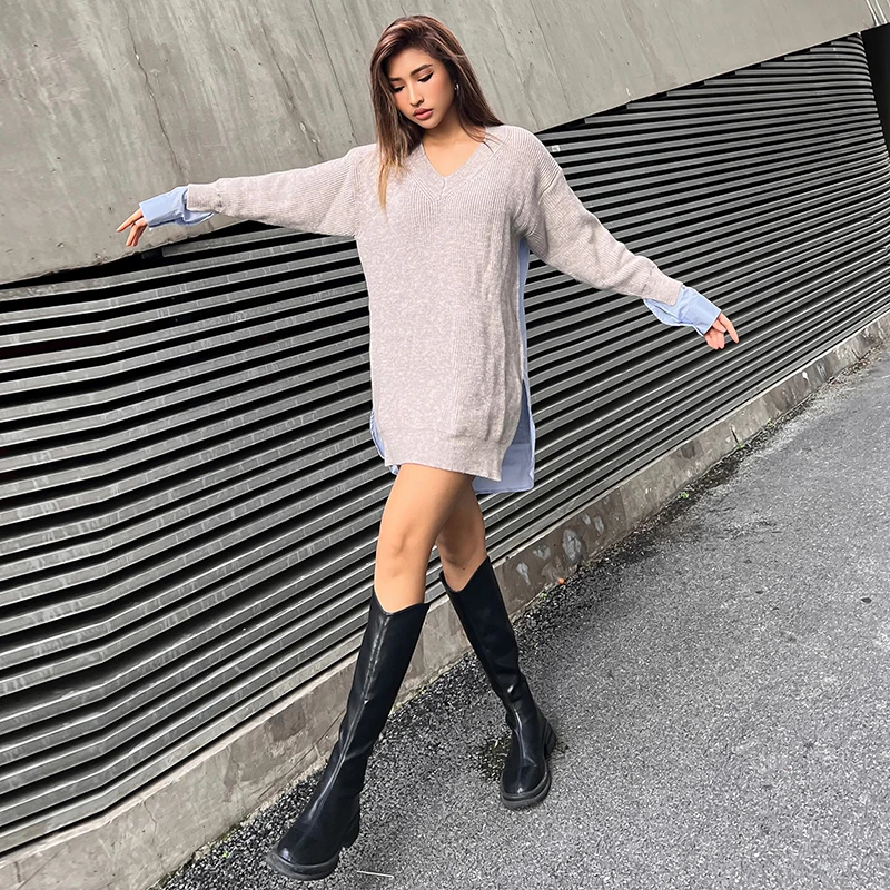 TWOTWINSTYLE Patchwork Colorblock Womens Sweater V Neck Long Sleeve Korean Fashion Pullovers