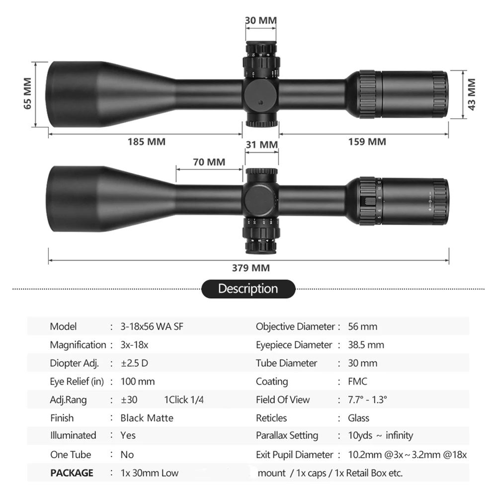 SPINA OPTICS 3-18x56 WA SF Optics FMC 30mm Tube Scope for Hunting