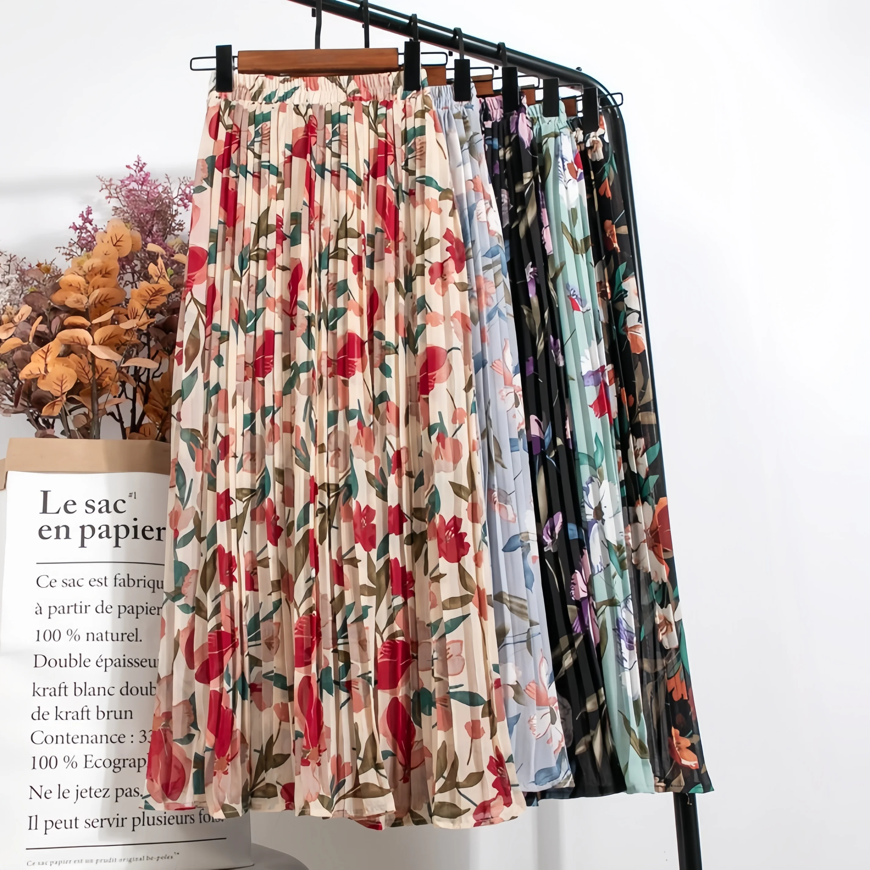 Floral Print Women Elegant Skirt High Waist Summer Beach Chiffon Dress Lady Casual Long Skirt