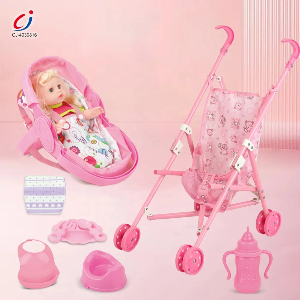 Chengji wholesale cheap pretend play drink water pee foldable pram cradle set baby 14 inch iron doll stroller toy
