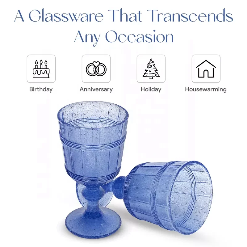 SUNYO Vintage Bubbles 11 Ounce Capacity Colored Wine Glasses Vintage Style Glassware Dishwasher Safe Set of 4 Blue Glass Cup