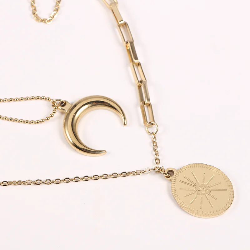 14K Gold Plated Stainless Steel 3 Layered Hypoallergenic Moon Necklace for Women