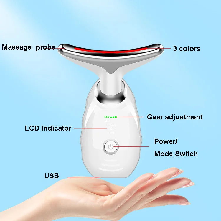 3 color light cleansing facial tightening hot sonic vibration wrinkle remover neck lifting ems massager