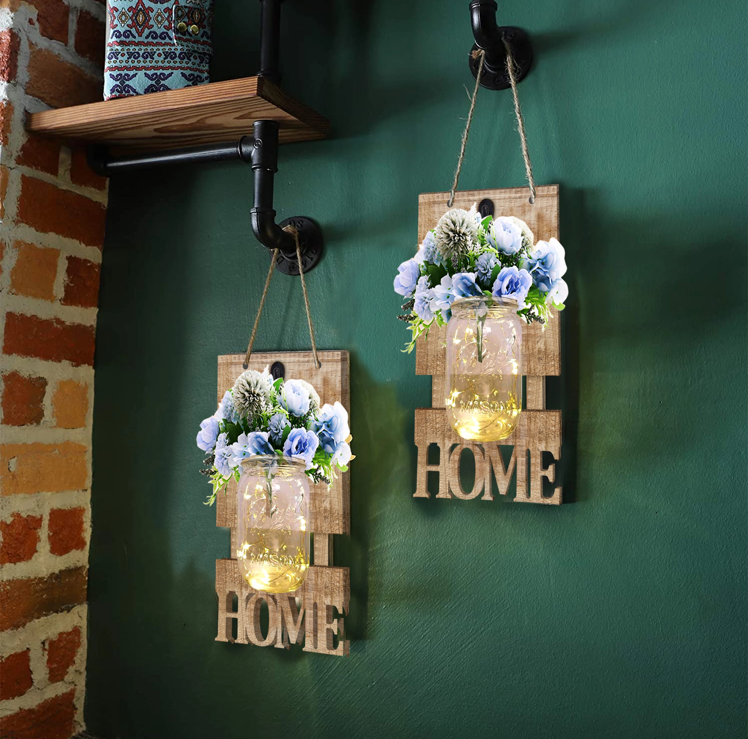 
Wooden Home Sign with Jar and String Lights Welcome Sign for Front Door 