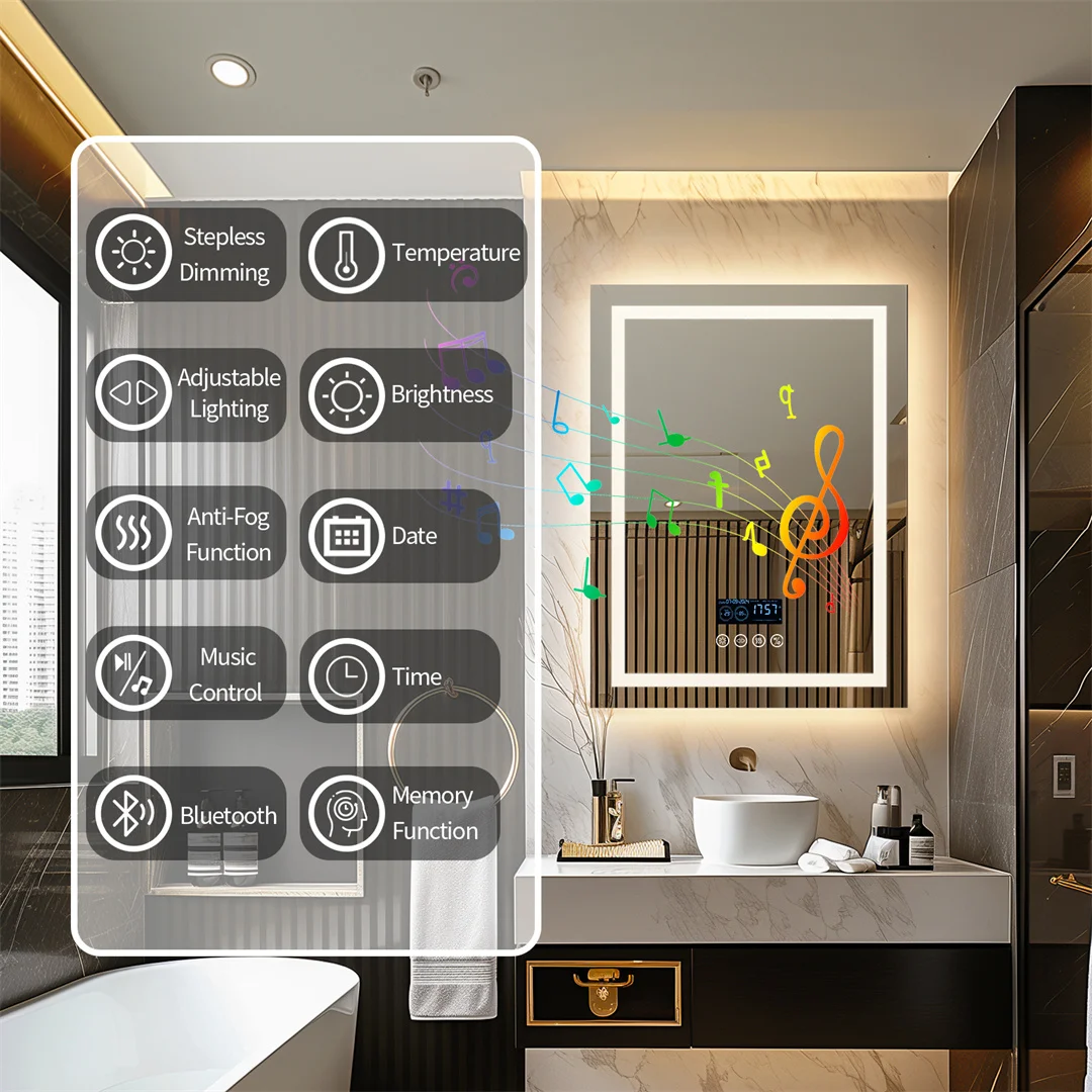 Bluetooth Bathroom Mirror Time Temperature Display Wall Hang Vanity Mirror with Dual Bluetooth Speaker Dimmable Anti-fog