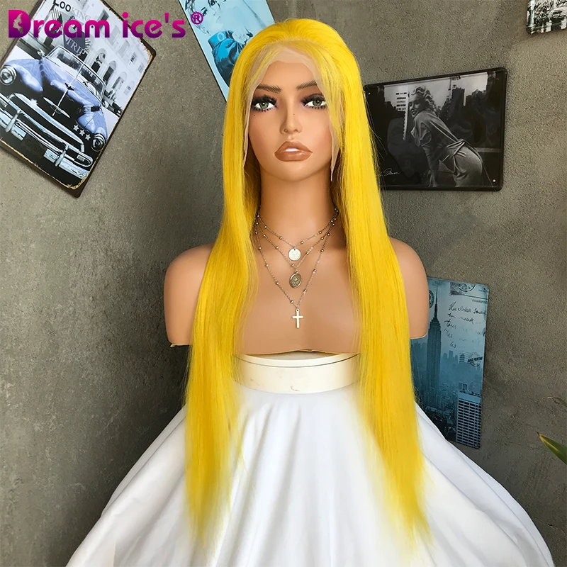 Yellow Cosplay Wig Human Hair Long Straight 13x4 Lace Frontal Wigs for Women Purple Blonde Colorful Wig Middle Part Nature Hair