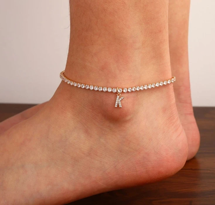Wholesale A-Z 26 Initial Letter tennis Anklets For Women Crystal Zircon Cuban Link Foot Chain Beach Leg Bracelets Jewelry Gift
