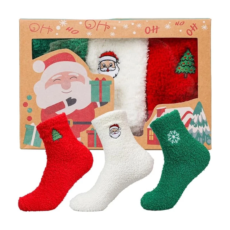 Adults Warm Fluffy Coral Fleece Socks  in Cute Christmas Design Cozy Winter Knitted Holiday Gift Package