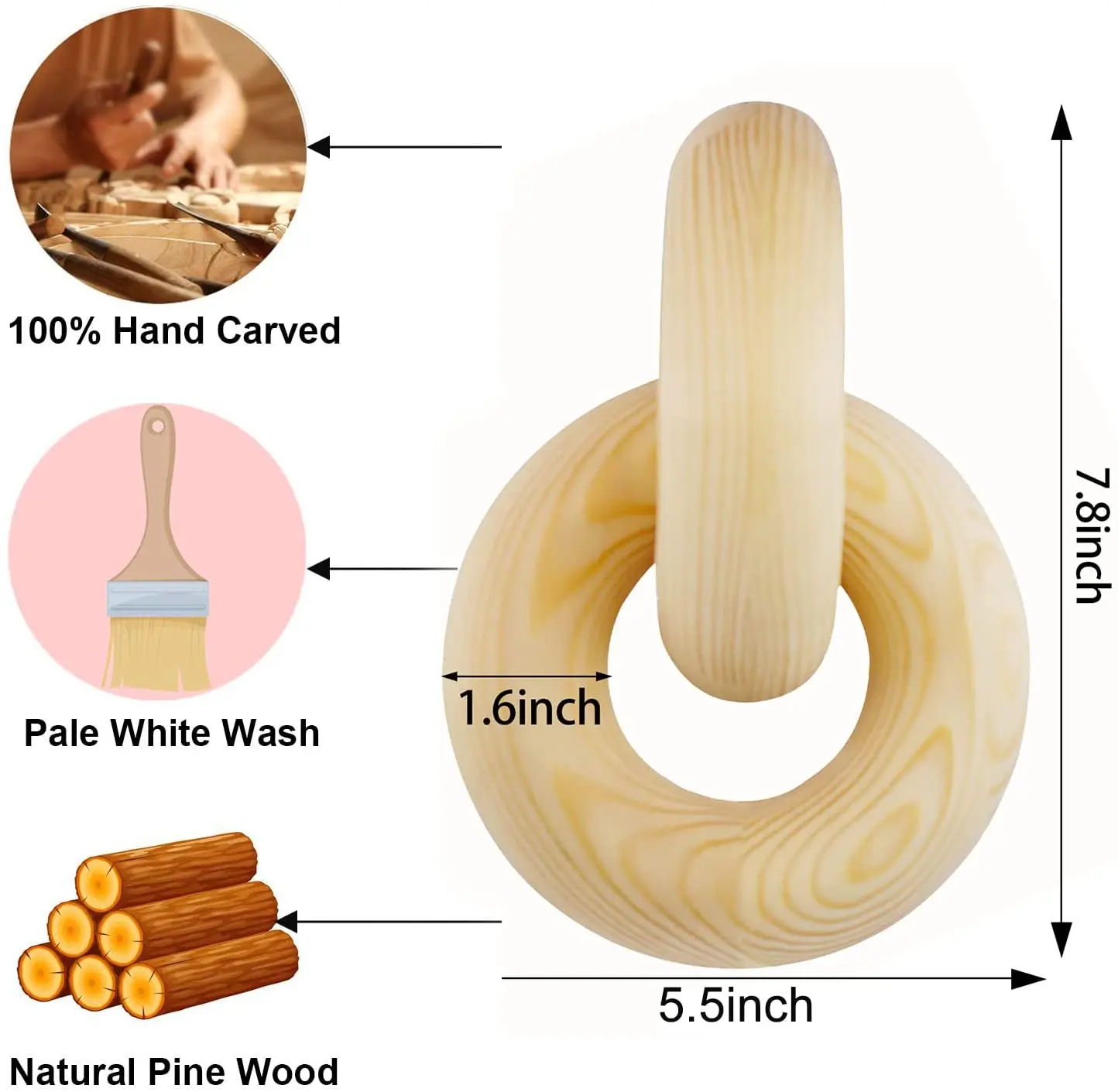 Wood Knot Decor  Large 2-Link Wooden chain link decor paulownia pine wood chain