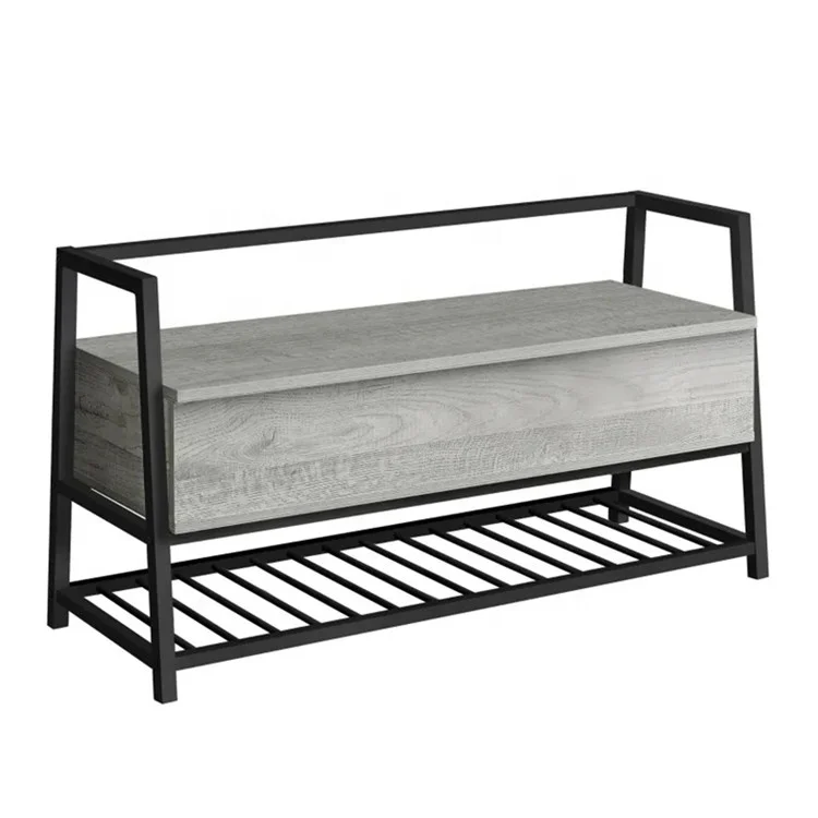 Grey Wood Entryway Lift Top Shoe Bench with Storage and Metal Shelf