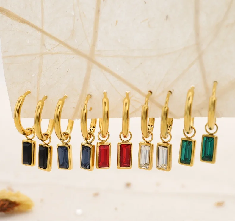 316l Stainless Steel 18K Emerald Baguette Hoop Earrings Huggie Hoops Small Green Stone Crystal Thin Gold Earring Minimalist