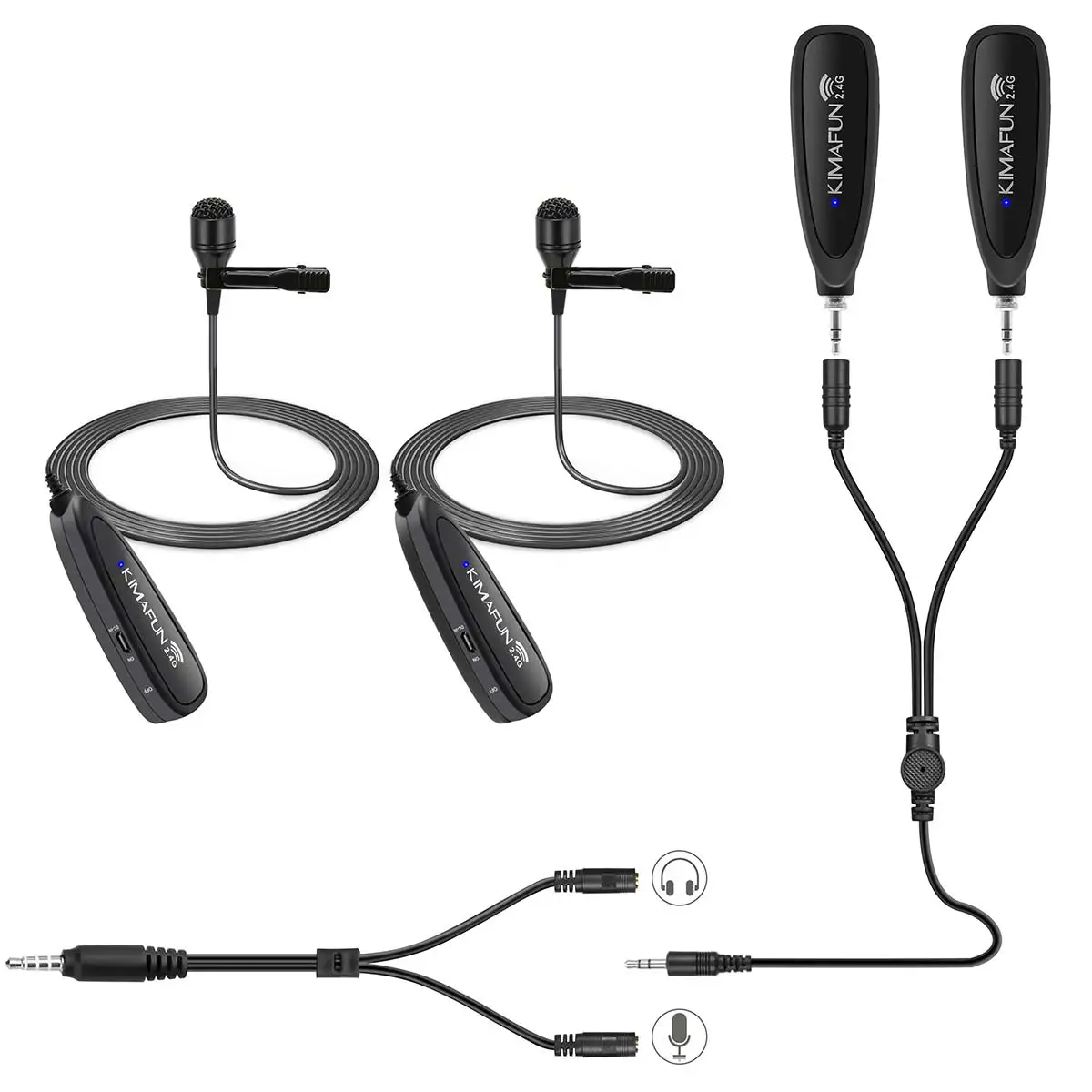 KIMAFUN KM-G130-1A 2.4G dual Collar Clip wireless Microphone for video recording vlogging for live performance for smartphone