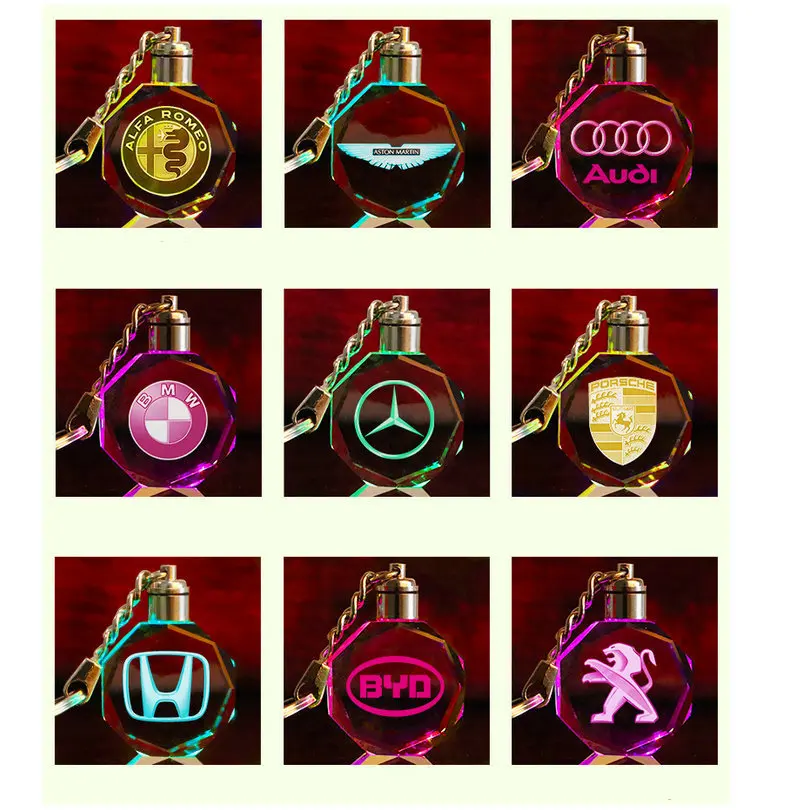 Carved inside the crystal keychain car logo custom LED colorful luminous pendant gift manufacturers wholesale
