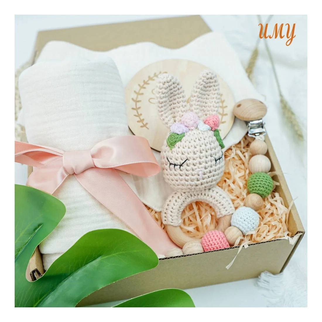 Organic Wooden Cute Handmade Amigurumi Toys Crochet Animals Doll for Baby gifts Bunny muslin blanket set