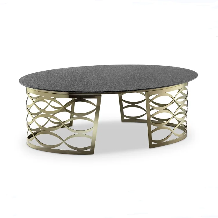 Hot Sale Carved Metal Marble Glass Top Luxury Mirrored Oval Stone Coffee Table