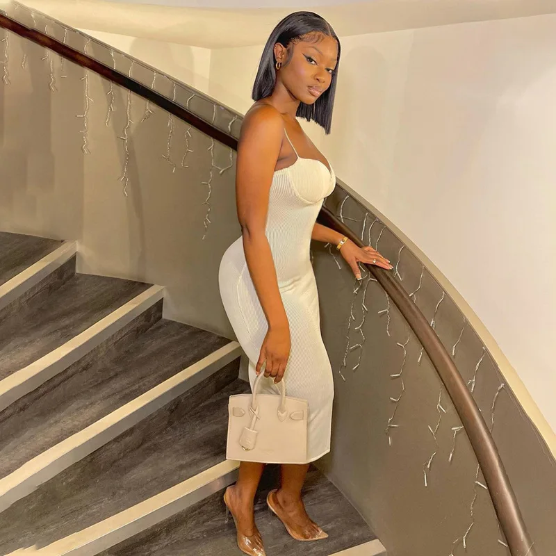 KL7448 летние однотонные Сексуальные облегающие Клубные платья-миди на бретелях с V-образным вырезом и открытой спиной для женщин