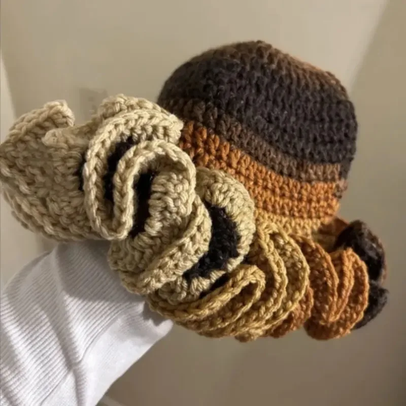 2024 New Handmade Knit Bucket Hat for Woman Weaving Floppy Ruffled Brim Bucket Hat Adult Teens Winter Cycling Crochet Hat