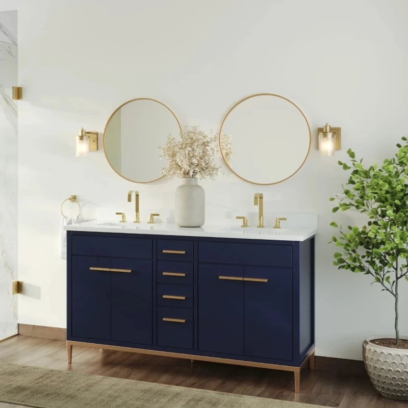 Modern Double Basin Golden Handle Blue Bathroom Vanity With Mirror 60inch Artificial Marble Top Vanities Luxury Bathroom