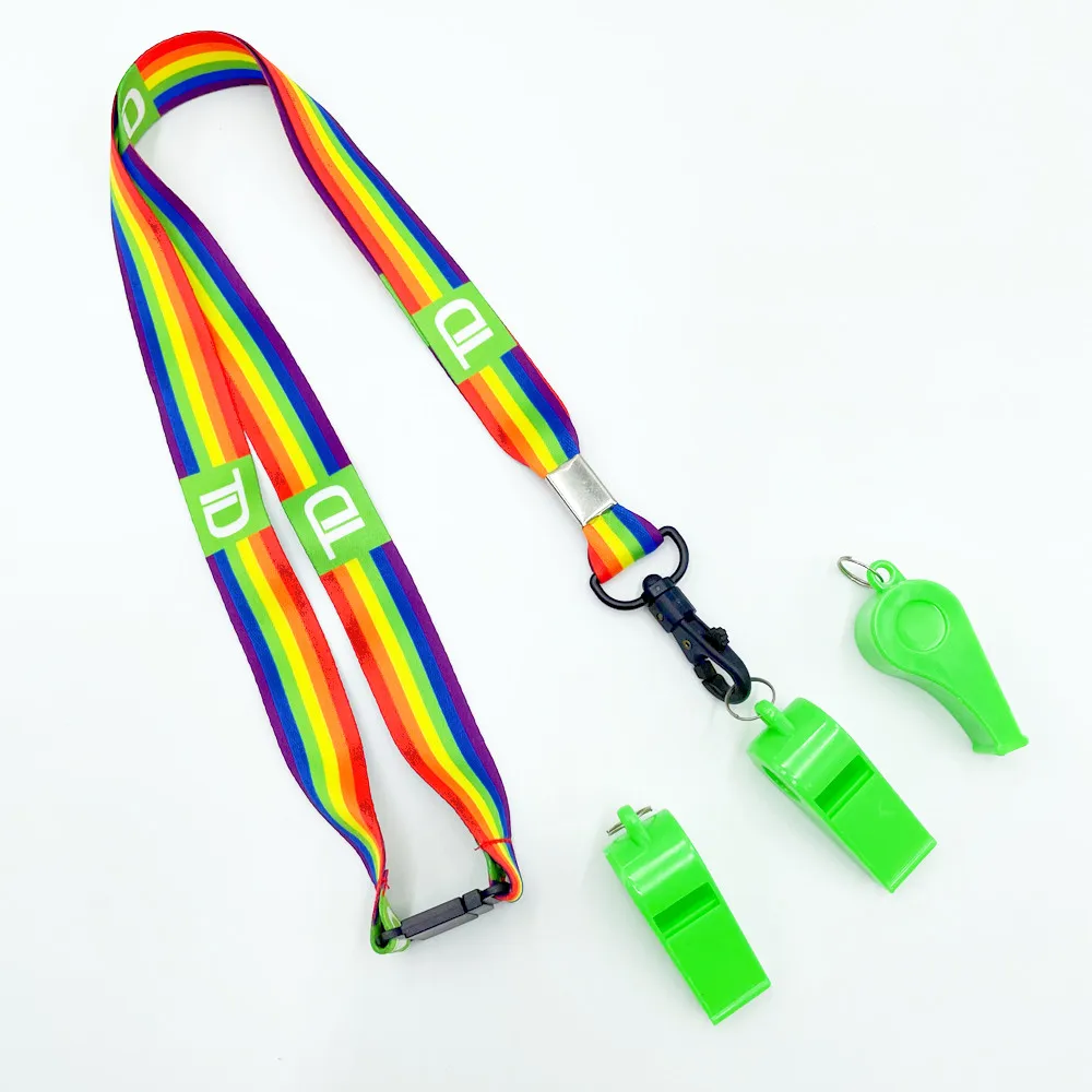 Rpet dye sublimation rainbow color plastic whistle keychain lanyard Logo Custom for promotion event strap ribbon