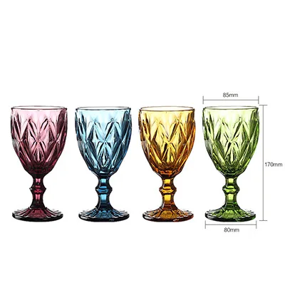 4pcs Colorful Embossed Goblet Glass Retro Red Wine Cup Household Heat-resistant Thickened Goblet European Mug For Pub