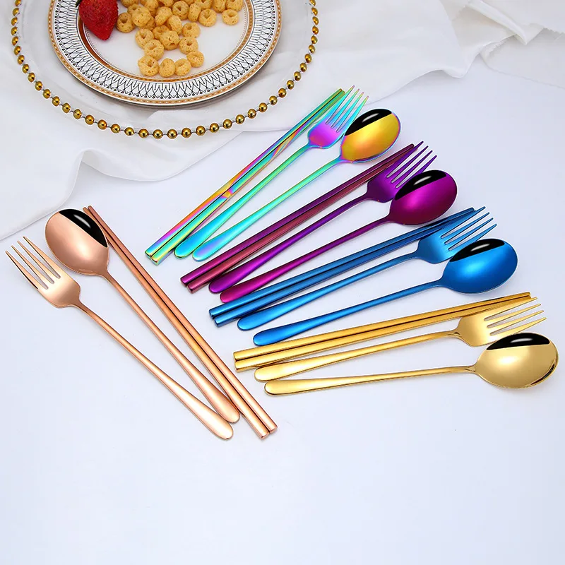 
New Korean Style 304 Stainless Steel Flatware Metal Travel Portable Spoon And Fork Chopsticks Sets 