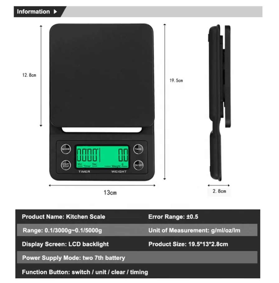 Barista Tools Products 3000g Coffee Timer Units with Tare Function Digital Kitchen Scale Multifunction Food Scale