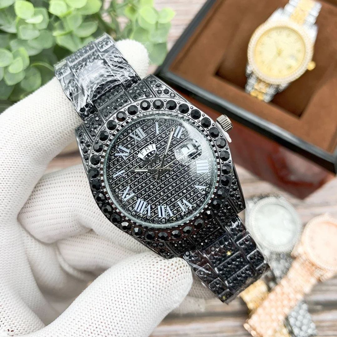 Wholesale High Quality Fully Rhinestone Diamond Hip Hop Color Gold Watch Men Luxury Iced Out Bling Wrist Watches