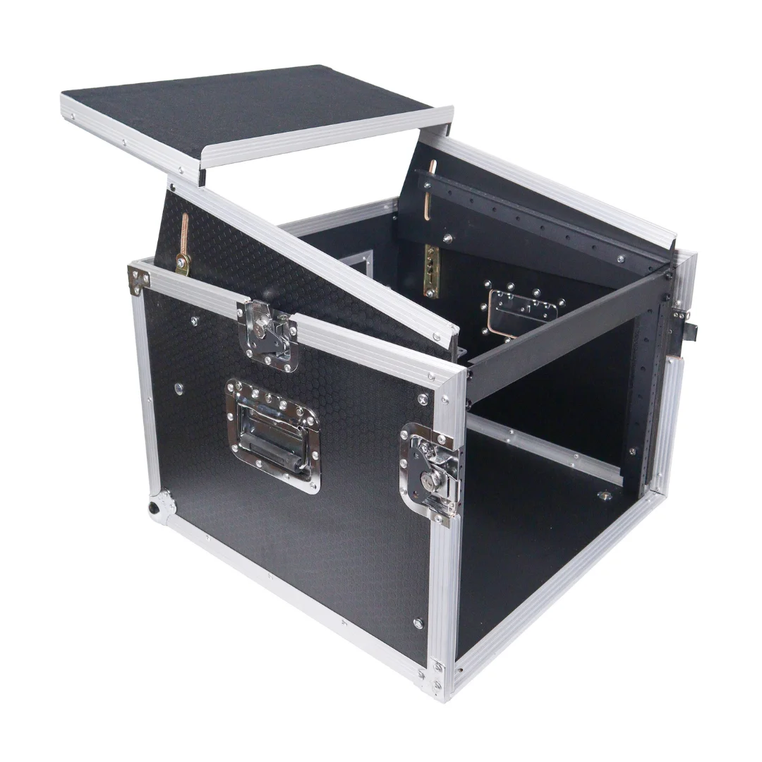 Factory Custom Aluminum Vertical Rack Mount Flight Case with for Mixer Combo Amp Rack with Laptop Shelf and Wheels