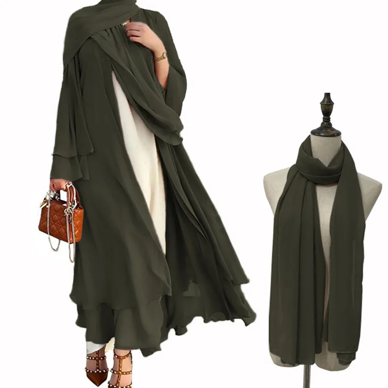 Wholesale 2 Layer Islamic Kimono Cardigan Women Dubai Abayas Turkey Kaftan Muslim Dress Chiffon Open Abaya