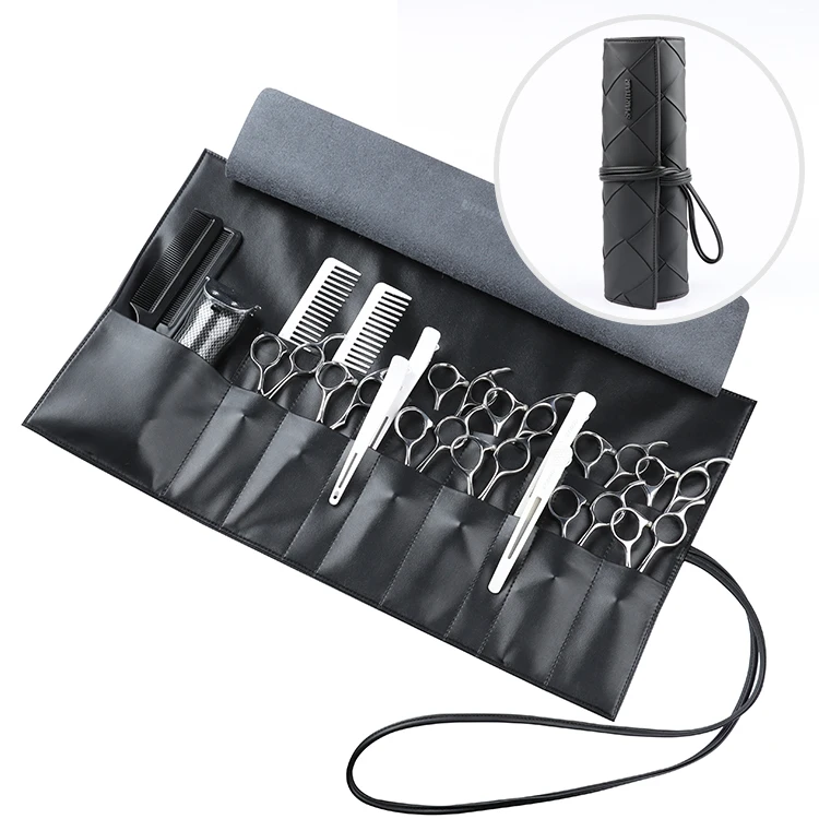 custom PU leather scissors package bags rolling barber tool case bag roll up scissor bag