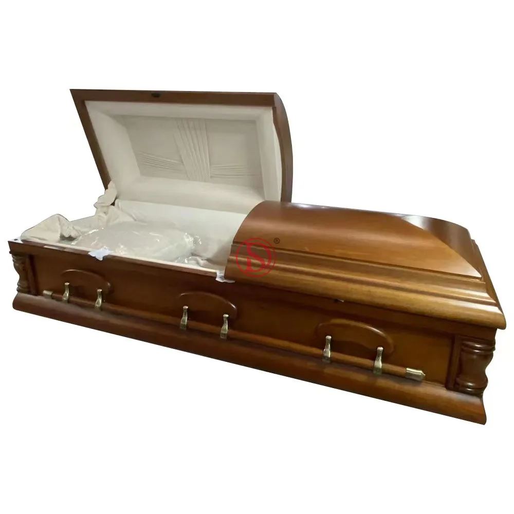 American Style Cherry Wood Solid Coffin Casket High Quality High-End Funeral Home Supply Made Metal Steel Velvet Cremation