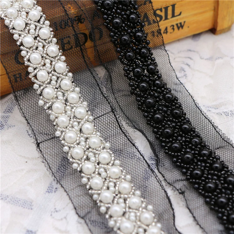 Wholesale High Density Pearl Flower Beads Lace Edge Trim Ribbon French Tulle Lace For For Sewing Evening Dress Handbags