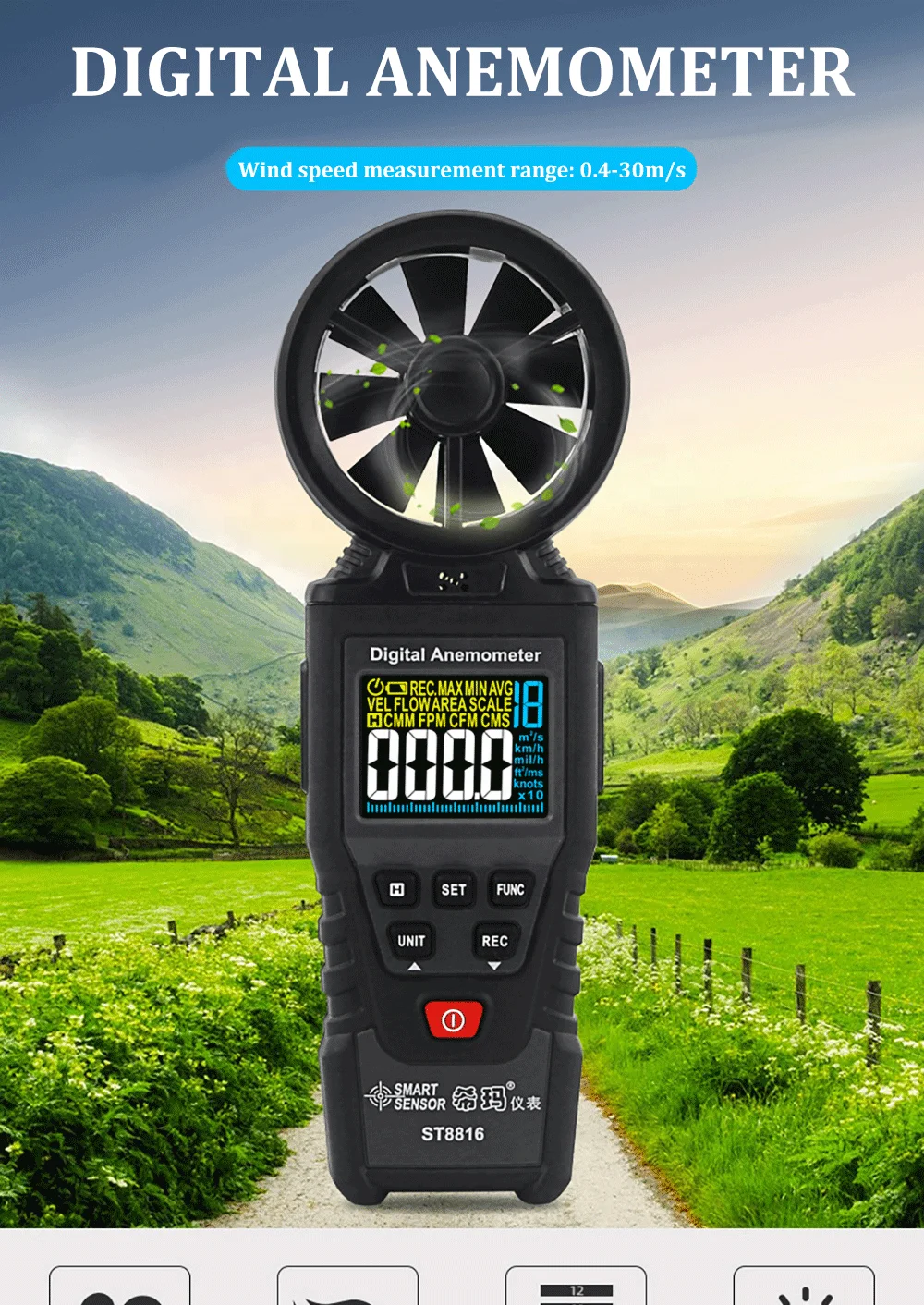 Smart Sensor ST8816 Digital Anemometer Wind Speed Meter Air Flow Gauge Thermometer Wind Speed Measurement Instru