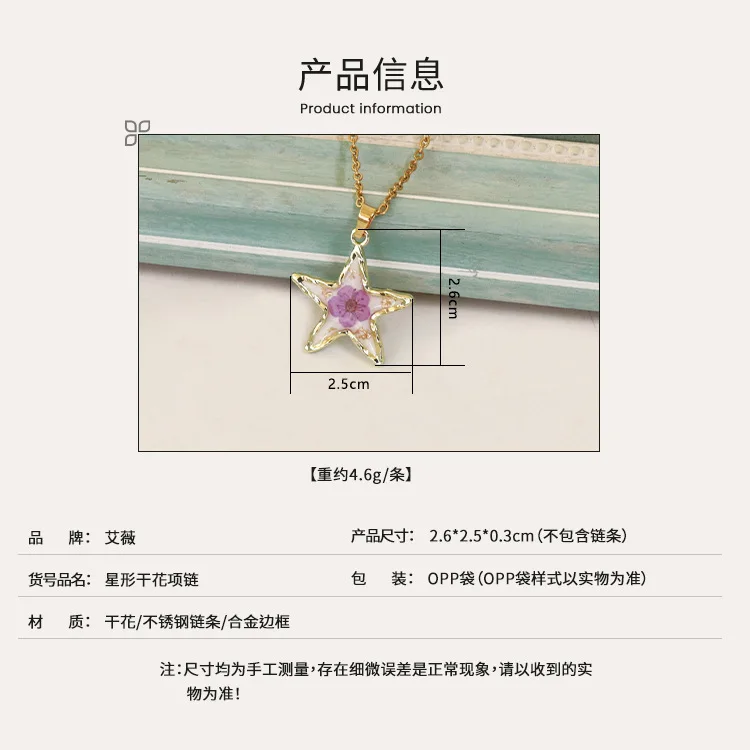 New Arrival Dried Flower Pendant Necklace Eternal Real Flower Star Shaped Necklace For Lady