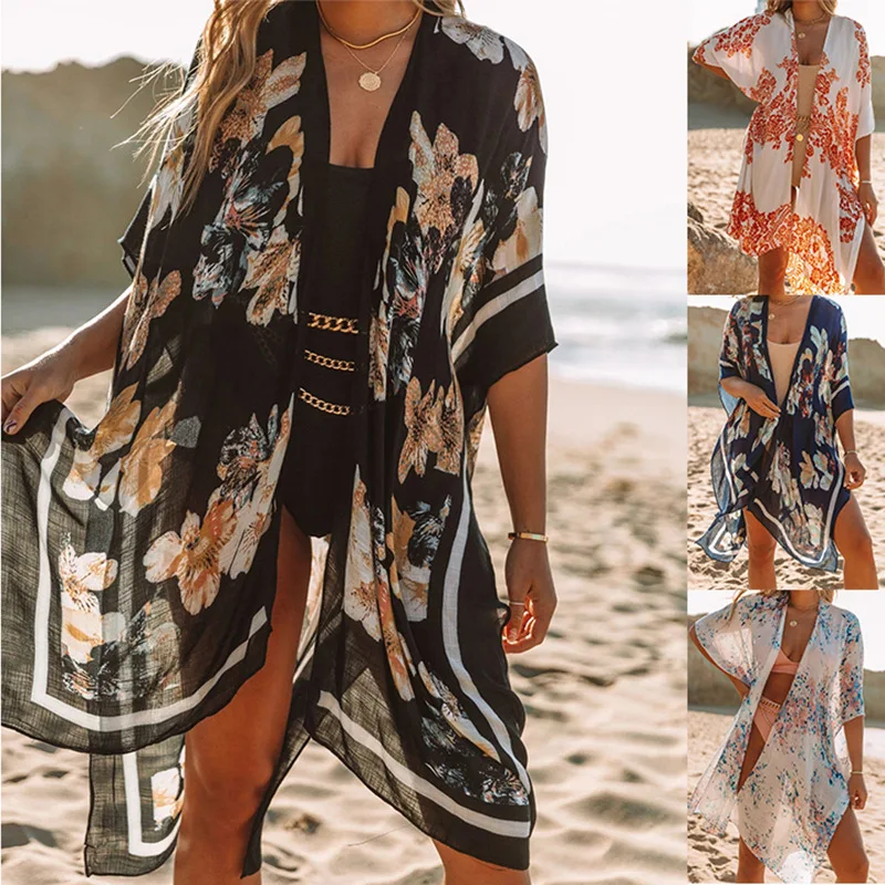 Summer Floral Loose Open Front Beach Cover Ups Tops For Women Long Chiffon Kimono Cardigan