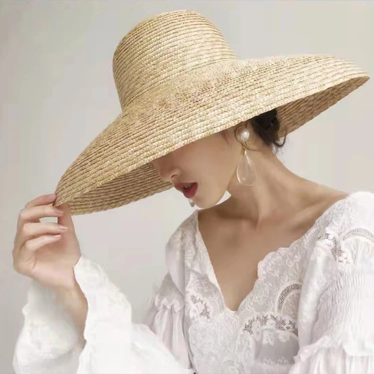 Women Wheat Straw Hat for Catwalk Fashion Oversized Wide Brim Straw Floppy Hat Summer Sun Beach Sun Visor Hat