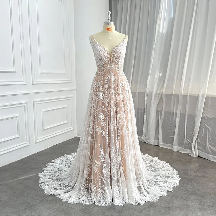 Factory Boho Marriage Costumes Sequined Lace Bridal Gowns Beach Wedding Party Dress for Women