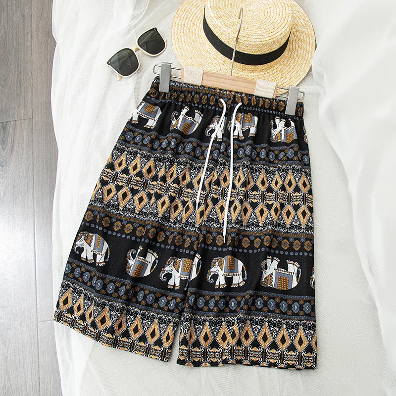 wholesale elegant printed summer women elastic waist wide leg pants casual short pants loose beach women shorts