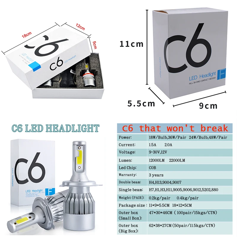Led headlight C6 36W 3800 lumens car led headlight led light car headlight h1 h7 880 led car head lamp