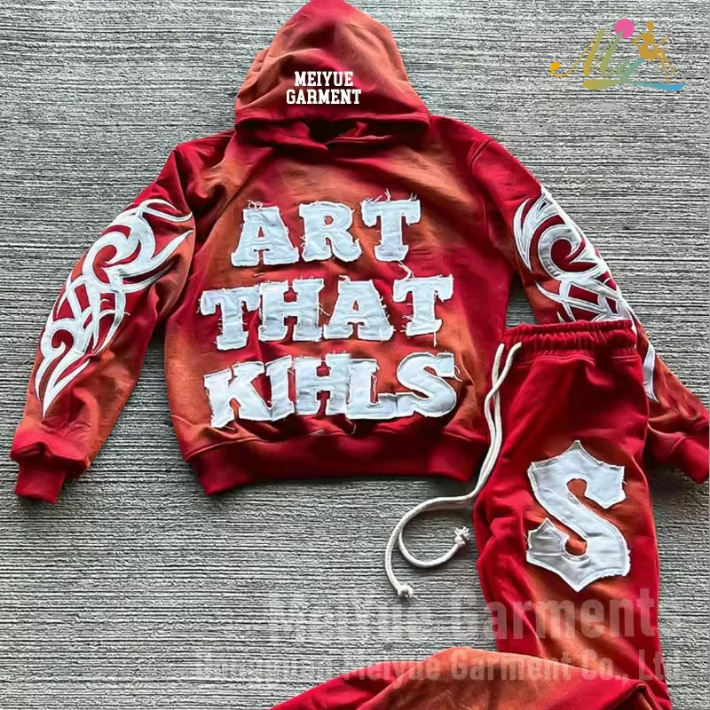 Custom Embroidery Patches Distressed Hoodies 100% Cotton French Terry Hoodie Acid Wash Vintage Jogging Hoodie And Sweatpants Set