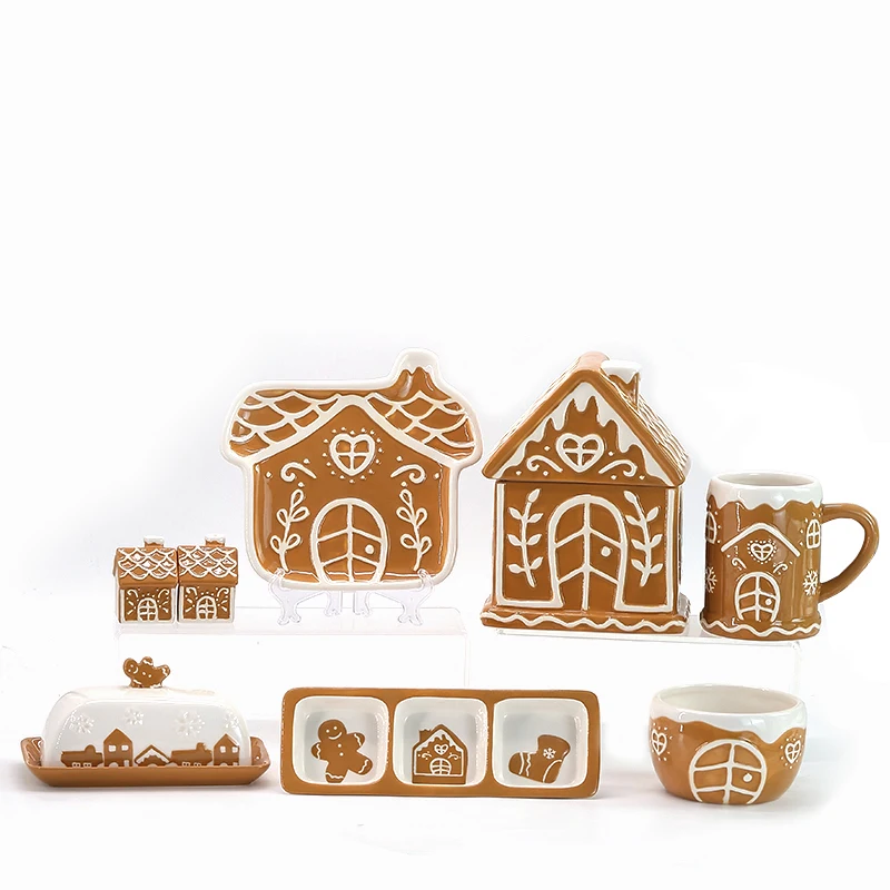 Christmas Gingerbread House Shaped Dolomite tableware set Gingerbread Mug Christmas Ceramic Dinnerware Plate For Home Restaurant