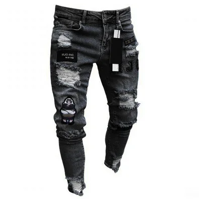 Fashion Slim Demin Jeans For Men Blue Color Label Ripped Trousers Mens Streetwear Jeans Pants