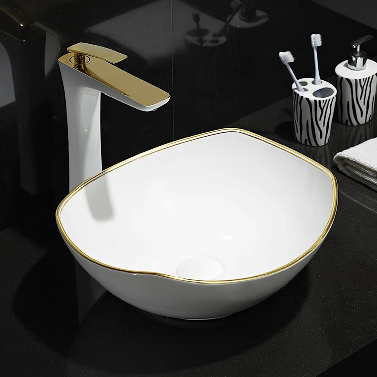 HEGII europe modern design porcelain white counter top ceramic bathroom art basin face hand wash basin sink with gold line