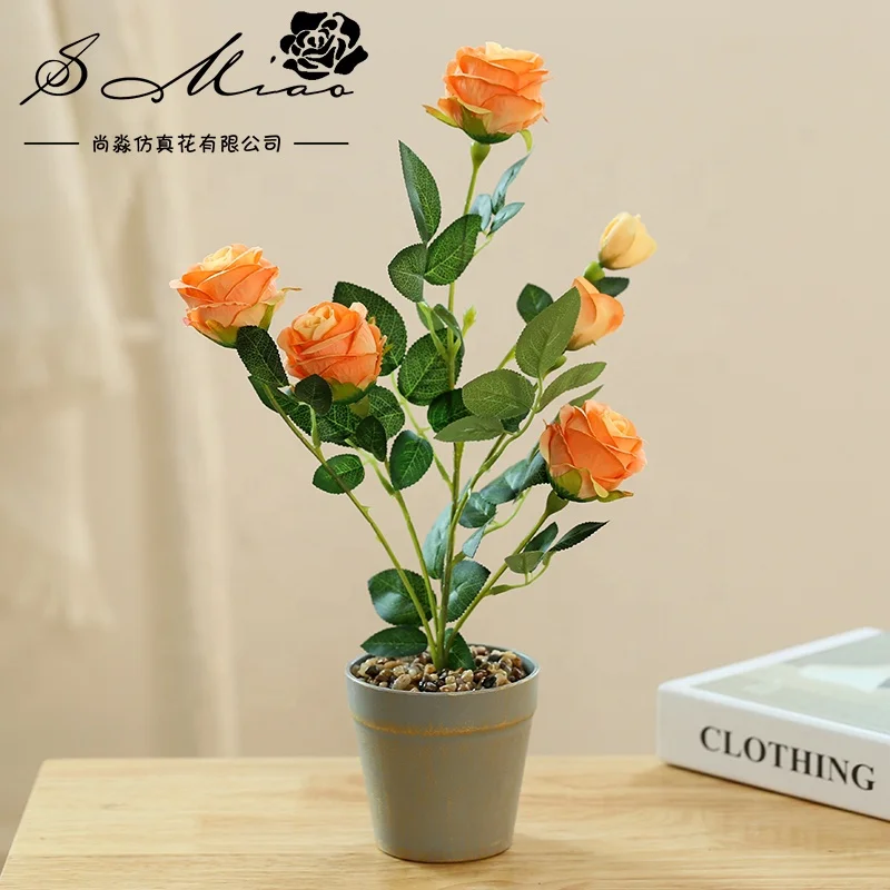 High quality artificial rose tree and gray plastic pot bonsai home decor