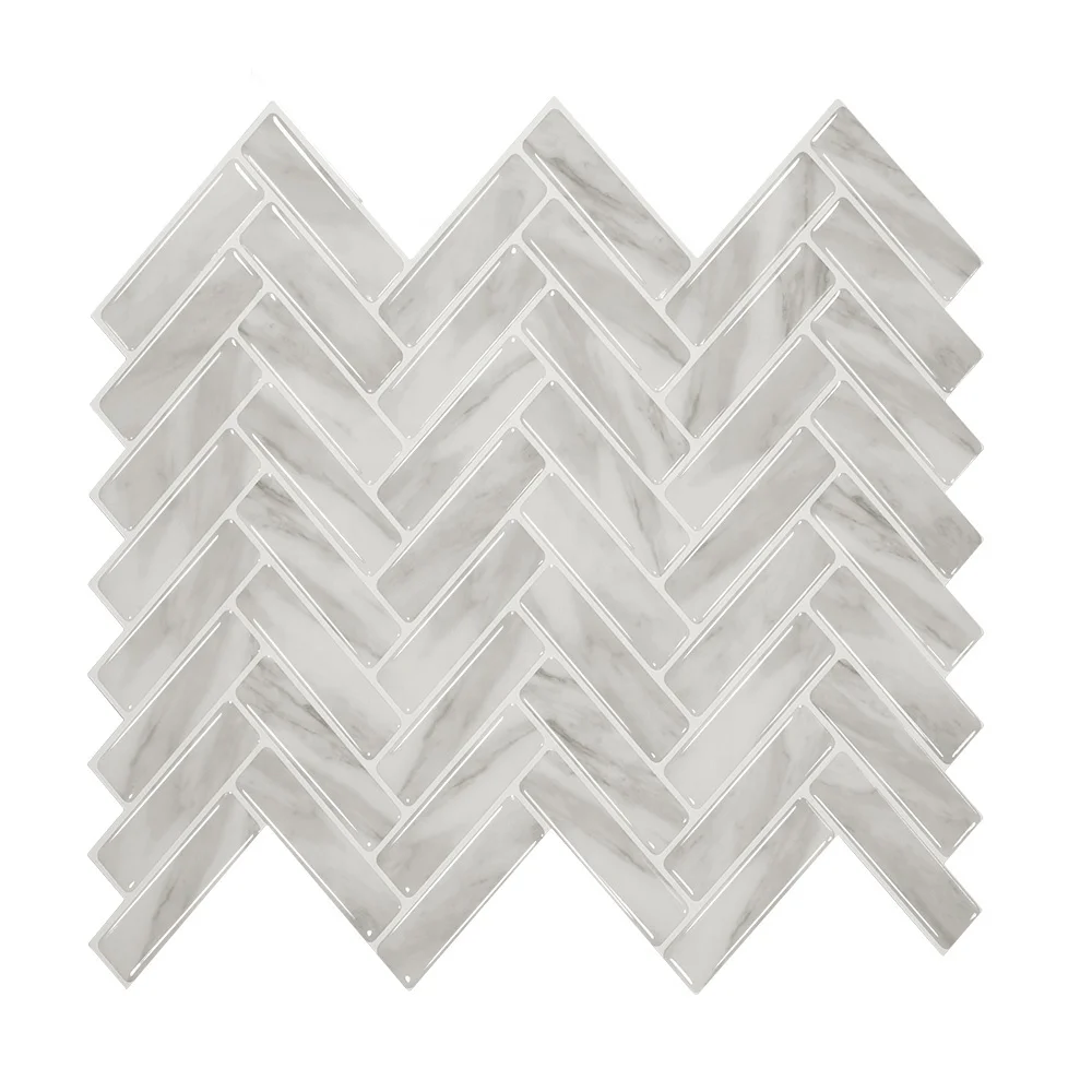 12*12inch  Dark White Herringbone Marble Tiles 3D Backsplash Self-adhesive Mosaic Decoration for Interior Walls